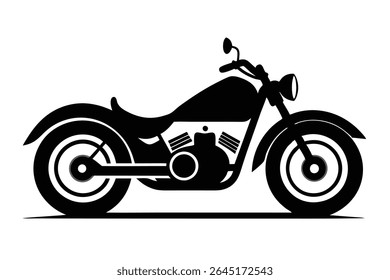 Black silhouette of a cruiser motorcycle on white background. Simple vector illustration with detailed engine and wheels. Minimalist style.