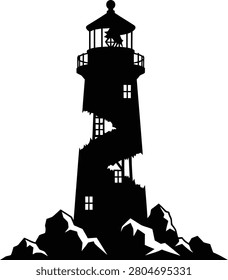 Black silhouette of a crumbling ruined lighthouse on rocky shore