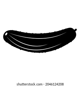 Black silhouette of a cucumber on a white background. Curved cucumber with white stripes and pimples. A small tail of a cucumber is visible.