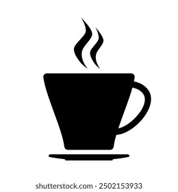 Black silhouette of a cup and saucer with a hot drink. Invigorating coffee. Refreshing tea. Vector illustration isolated on a white background for design and web.