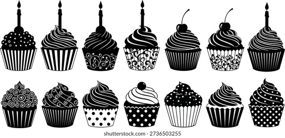 Black silhouette cupcake collection with various frostings, sprinkles, candles, and cherries, isolated vector set for birthday celebration and party bakery design.