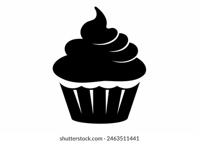 Black silhouette of cupcake isolated on white. Minimalist graphic illustration. Concept of dessert, baking, sweet food. Icon, pictogram, template, sign, logotype, print, design element