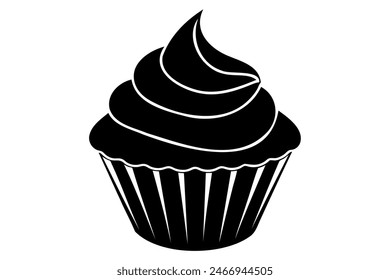 Black silhouette of cupcake isolated on white backdrop. Minimalist graphic illustration. Concept of dessert, baking, sweet food. Icon, pictogram, template, sign, logotype, print, design element