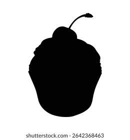 Uma silhueta preta de um cupcake coberto com uma cereja sobre um fundo branco. A imagem é simples e com um estilo mínimo.