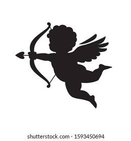 Black silhouette of Cupid aiming a bow and arrow. Valentine's Day love symbol.Vector illustration isolated on white background. svg