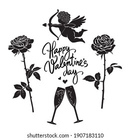Black silhouette of Cupid aiming bow and arrow, clinking glasses of champagne, two roses and Happy Valentine's Day handwritten text.  Vintage vector illustration isolated on white background. 