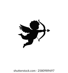 Black silhouette of Cupid aiming a bow and arrow. Cupid aiming on white background. Valentine's Day love symbol.