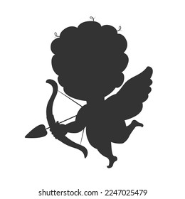 Black silhouette of cupid on white background. Vector illustration of cupid's shadow with bow and an arrow