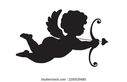 Black silhouette of cupid shooting a bow, vector illustration isolated on white background. Cupid, baby angel with wings, symbol of love.