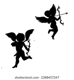 Black silhouette of cupids isolated on white background. black icon of a love angel. Dark flat logo of a cupid