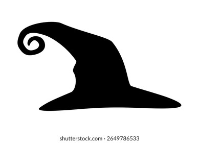 Black silhouette of curly witch hat on white background. Clipart image isolated on background.