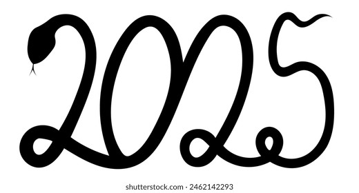 The black silhouette of a curved snake forms the number 2025, isolated on a transparent background. Symbol of Chinese New Year 2025. Vector illustration