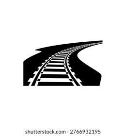 A black silhouette of curving train tracks on a white background.