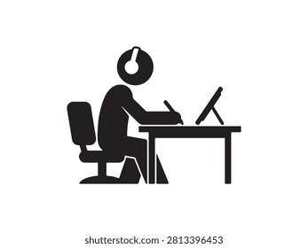 Black silhouette of a customer support operator working at a computer with a headset. Editable vector illustration suitable for call center, online support, customer service, business, and office design projects.