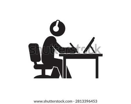 Black silhouette of a customer support operator working at a computer with a headset. Editable vector illustration suitable for call center, online support, customer service, business, and office design projects.