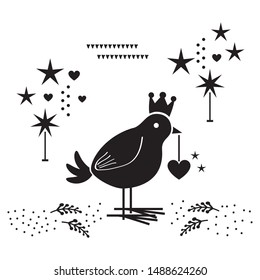 black silhouette cute bird standing with heart ornament, crown and some stars on white background