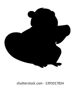 Black silhouette. Cute brown beaver eating wooden stick. Cartoon character design. North American beaver Castor canadensis. Rodentia mammals. Flat vector illustration isolated on white background.