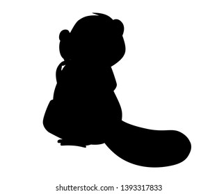 Black silhouette. Cute brown beaver sitting. Cartoon character design. North American beaver Castor canadensis. Rodentia mammals. Flat vector illustration isolated on white background. Back view.