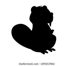 Black silhouette. Cute brown beaver sitting. Cartoon character design. North American beaver Castor canadensis. Rodentia mammals. Flat vector illustration isolated on white background. Front view.