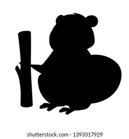 Black silhouette. Cute brown beaver holding wooden stick. Cartoon character design. North American beaver Castor canadensis. Rodentia mammals. Flat vector illustration isolated on white background.