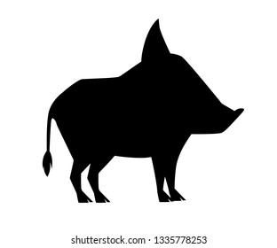 Black silhouette. Cute Brown boar. Warthog character with fangs. Cartoon animal design. Flat vector illustration isolated on white background. Forest inhabitant. Wild animal with dark brown fur.