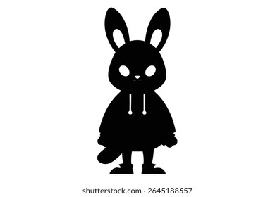 A black silhouette of a cute bunny wearing a hoodie is shown against a white background The style is simple and minimalist