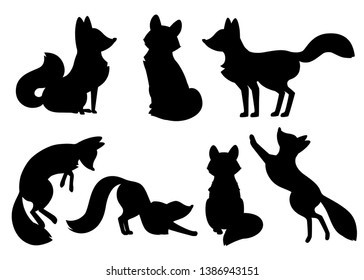 Black silhouette. Cute cartoon fox set. Funny red fox collection. Emotion little animal. Cartoon animal character design. Flat vector illustration isolated on white background.