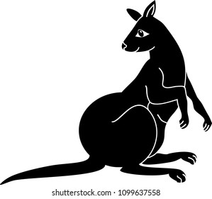 Black silhouette of cute cartoon kangaroo on white background