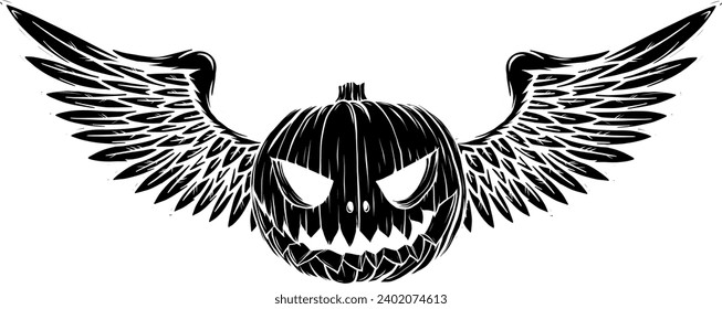 black silhouette of Cute cartoon Pumpkin character wearing wings in modern style design illustration