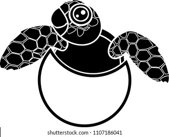 Black Silhouette Of Cute Cartoon Sea Turtle Hatching Out Of Egg