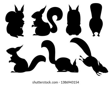 Black silhouette. Cute cartoon squirrel set. Funny little brown squirrel collection. Emotion little animal. Cartoon animal character design. Flat vector illustration isolated on white background.