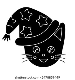 Black silhouette of cute cat head in a wizards magic hat, glyph icon flat vector