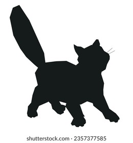 Black silhouette of cute cat standing on paws, flat vector illustration isolated on white background. Funny cat character outline contour image.