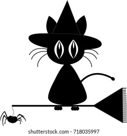 Black silhouette of cute black cat in witch hat  sitting on the broomstick isolated on white background . Icon, clip art, vector illustration. 