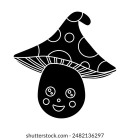 Black silhouette of cute cheerful mushroom with spotted cap, glyph icon flat vector