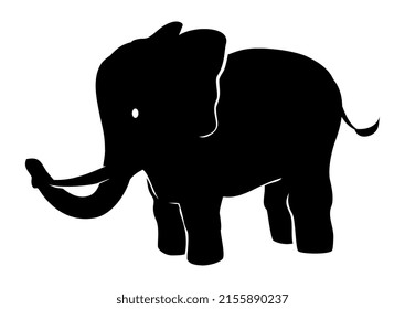 Black silhouette of a cute elephant with long trunk, tusks, tail and big ears.