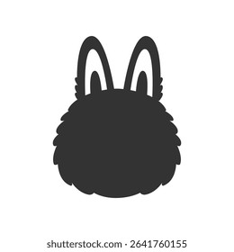 Black silhouette of a cute fluffy bunny head with big ears in cartoon style. Vector illustration of an imaginary forest creature for children's art, vinyl toy design, or digital decor.