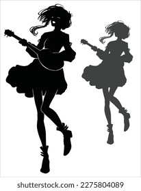 The black silhouette of a cute girl happily bouncing and dancing while playing the lute, she is a bard wanderer in a dress happily singing her songs with a smile 2d anime art