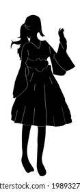 a black silhouette of a cute girl in long dress, one half-raised hand. One hand holding dress. She looks up at the sky