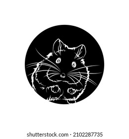 Black silhouette of cute hamster in black circle. Graphic drawing. Vector illustration.