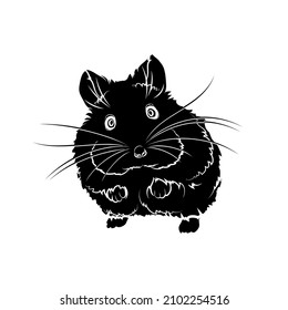 Black silhouette of cute hamster on white background. Graphic drawing. Vector illustration.