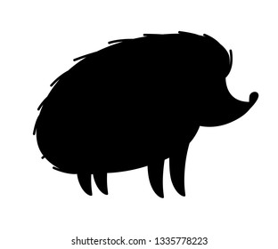 Black silhouette. Cute hedgehog. Mammals subfamily Erinaceinae. Cartoon animal design. Flat vector illustration isolated on white background. Forest inhabitant.