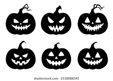 Black silhouette of cute jack o lantern vector set isolated on white