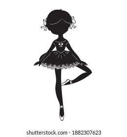 Black silhouette of cute little ballerina isolated on white background.Dancer Black and White Design