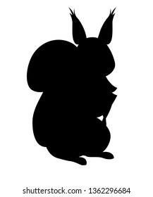 Black silhouette. Cute little squirrel sit on floor. Cartoon animal character design. Flat vector illustration isolated on white background.