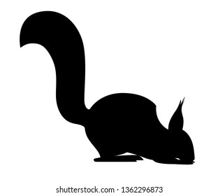 Black silhouette. Cute little squirrel sit on floor. Side view. Cartoon animal character design. Flat vector illustration isolated on white background.