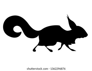 Black silhouette. Cute little squirrel walk. Side view. Cartoon animal character design. Flat vector illustration isolated on white background.