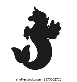 Black silhouette. Cute mermaid unicorn. Vector illustration isolated on white background. Design element. Template for your design, books, stickers, posters, cards, child clothes.