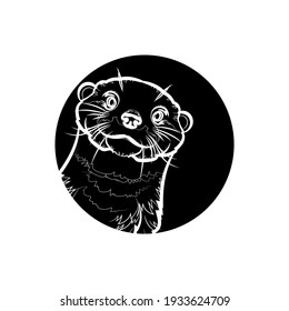 Black silhouette of cute otter (head) in black circle. Vector illustration.