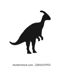 Black silhouette of cute parasaurolopus with a crest on its head. Funny bipedal dinosaur. Hand drawn vector illustration isolated on white background, flat style.